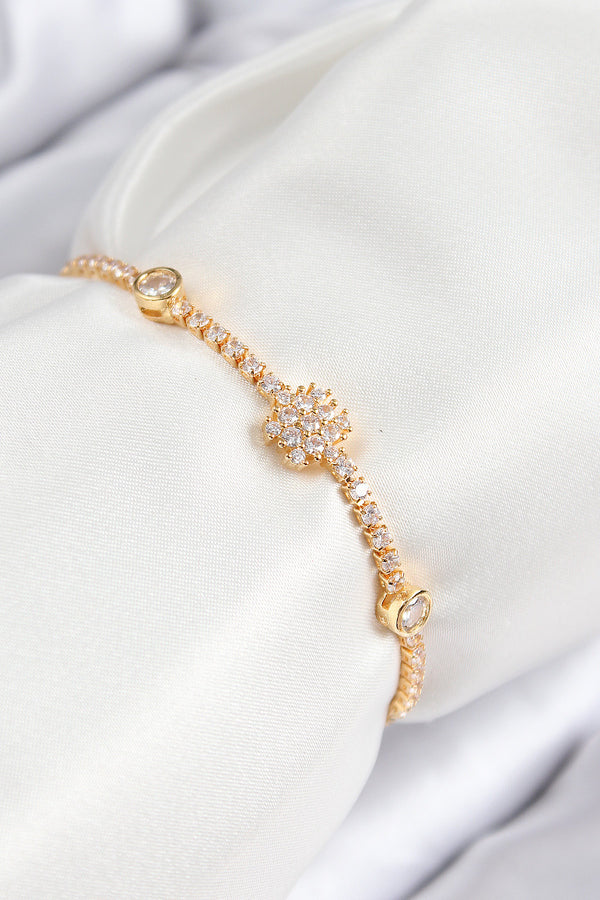 BB7723 - Pirinç Zirkon Taşlı Kar Tanesi Model Gold Renk Asansörlü Kadın Bileklik