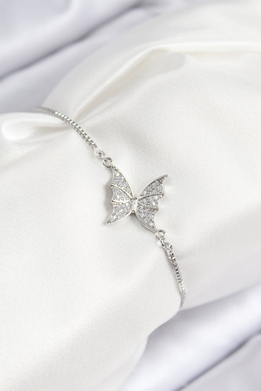 BB7724 - Pirinç Zirkon Taşlı Kelebek Model Gümüş Renk Asansörlü Kadın Bileklik