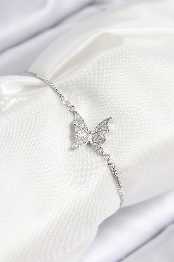 BB7724 - Pirinç Zirkon Taşlı Kelebek Model Gümüş Renk Asansörlü Kadın Bileklik