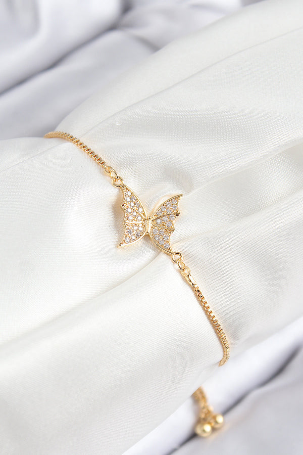 BB7725 - Pirinç Zirkon Taşlı Kelebek Model Gold Renk Asansörlü Kadın Bileklik