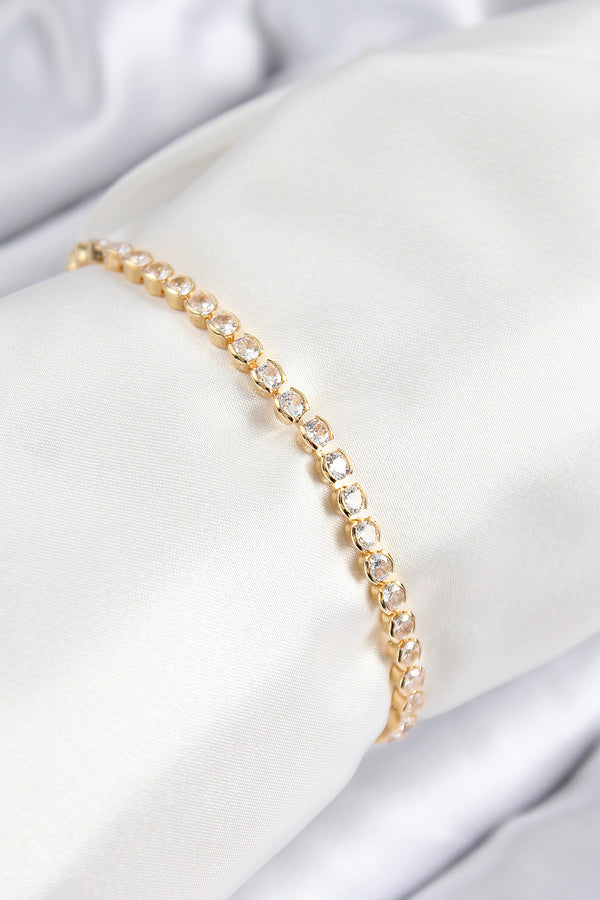 BB7727 - Pirinç Zirkon Taşlı Sıralı Model Gold Renk Asansörlü Kadın Bileklik