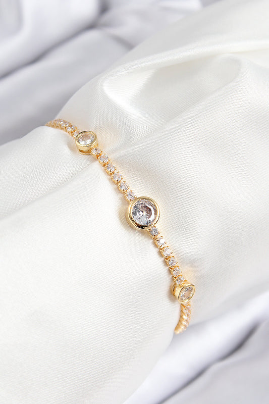 Pirinç Zirkon Taşlı Daire Model Gold Renk Asansörlü Kadın Bileklik - BB7733