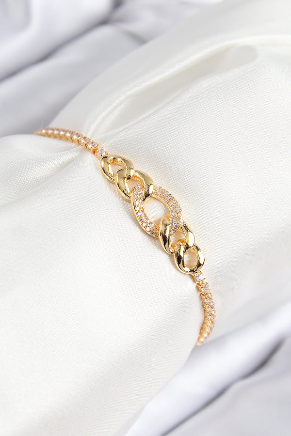 BB7735 - Pirinç Zirkon Taşlı Zincir Model Gold Renk Asansörlü Kadın Bileklik
