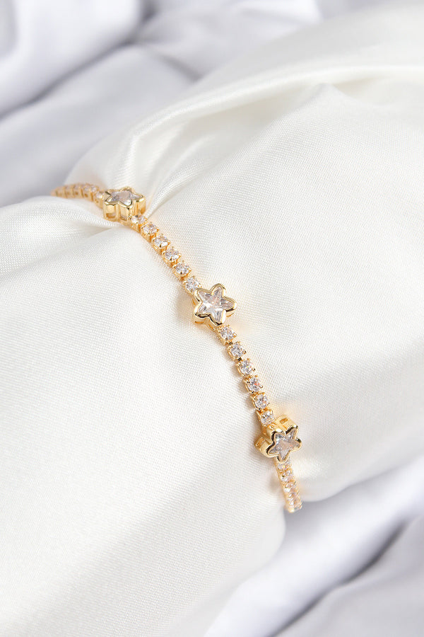 BB7737 - Pirinç Zirkon Taşlı Yıldız Model Gold Renk Asansörlü Kadın Bileklik