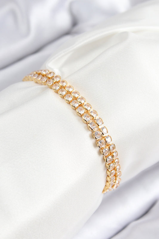 Pirinç Zirkon Taşlı Çift Sıra Model Gold Renk Asansörlü Kadın Bileklik - BB7739