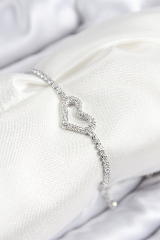 BB7742 - Pirinç Zirkon Taşlı Kalp Model Gümüş Renk Asansörlü Kadın Bileklik