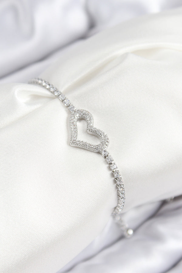 BB7742 - Pirinç Zirkon Taşlı Kalp Model Gümüş Renk Asansörlü Kadın Bileklik