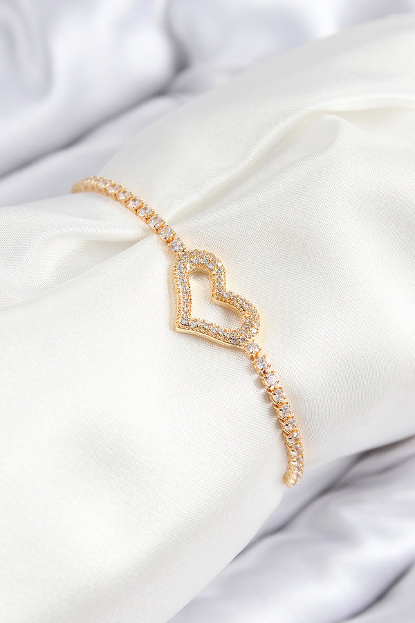 BB7743 - Pirinç Zirkon Taşlı Kalp Model Gold Renk Asansörlü Kadın Bileklik