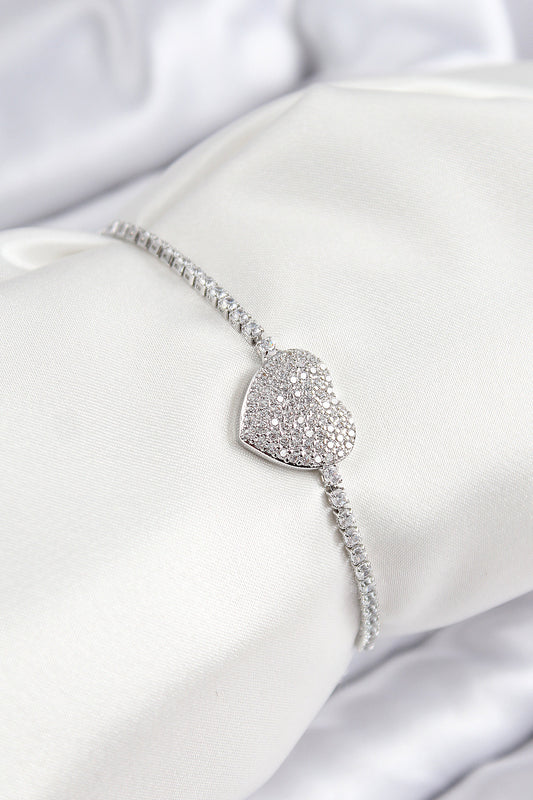 BB7746 - Pirinç Zirkon Taşlı Kalp Model Gümüş Renk Asansörlü Kadın Bileklik