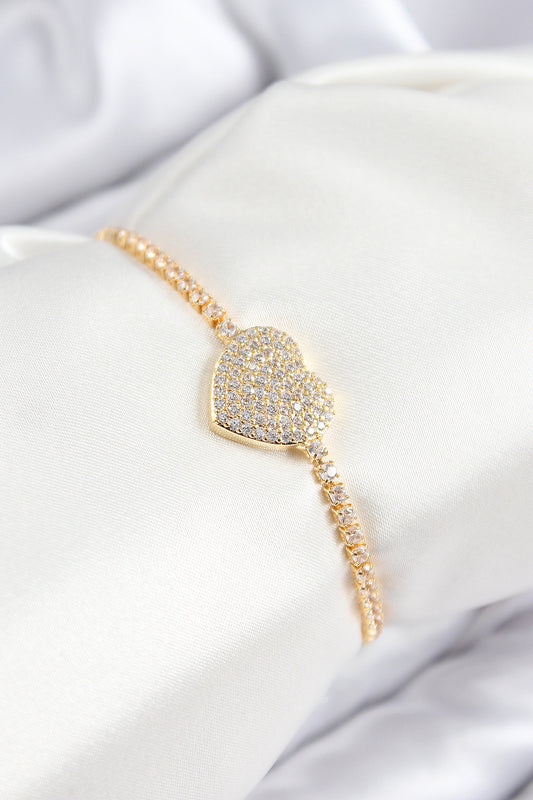 BB7747 - Pirinç Zirkon Taşlı Kalp Model Gold Renk Asansörlü Kadın Bileklik