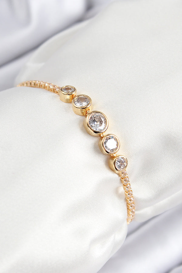 BB7719 - Pirinç Zirkon Taşlı Sıralı Daire Model Gold Renk Asansörlü Kadın Bileklik