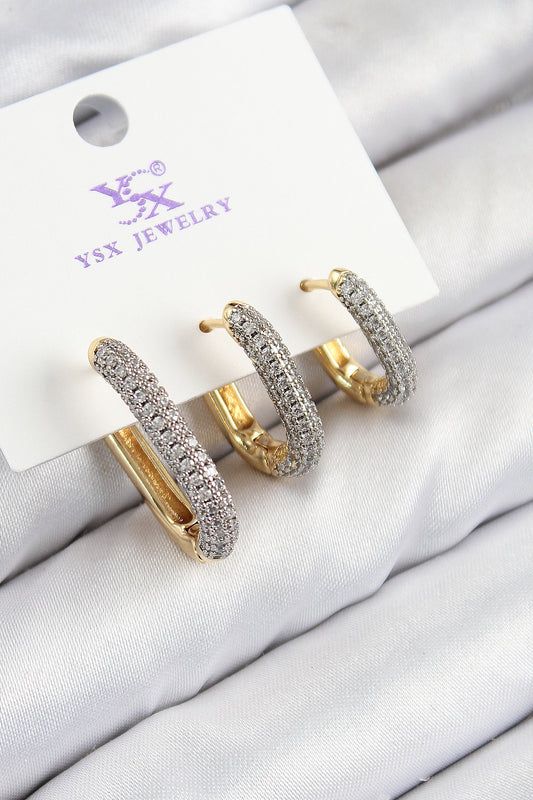 BKP11150 - Pirinç Zirkon Taşlı 3'lü Oval Dikdörtgen Model Gold Ve Gümüş Renk Kadın Küpe