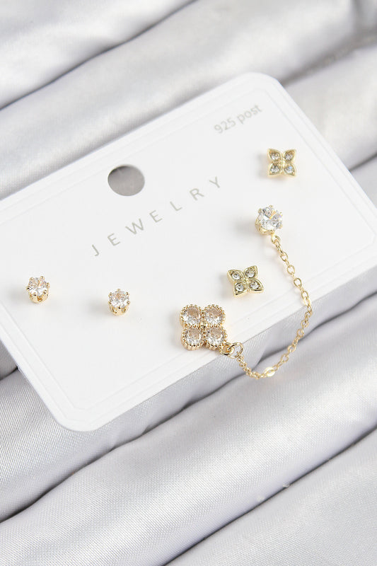 BKP11158 - Pirinç Zirkon Taşlı Yonca Model Gold Renk 925 Ayar Gümüş Çivi Kadın Küpe Set