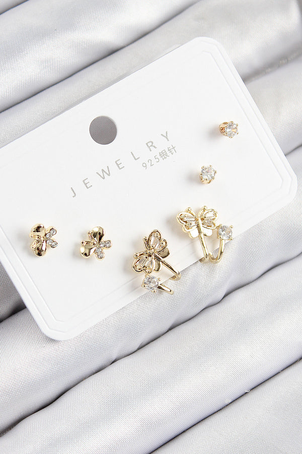 BKP11164 - Pirinç Zirkon Taşlı Kelebek Model Gold Renk 925 Ayar Gümüş Çivi Kadın Küpe Set