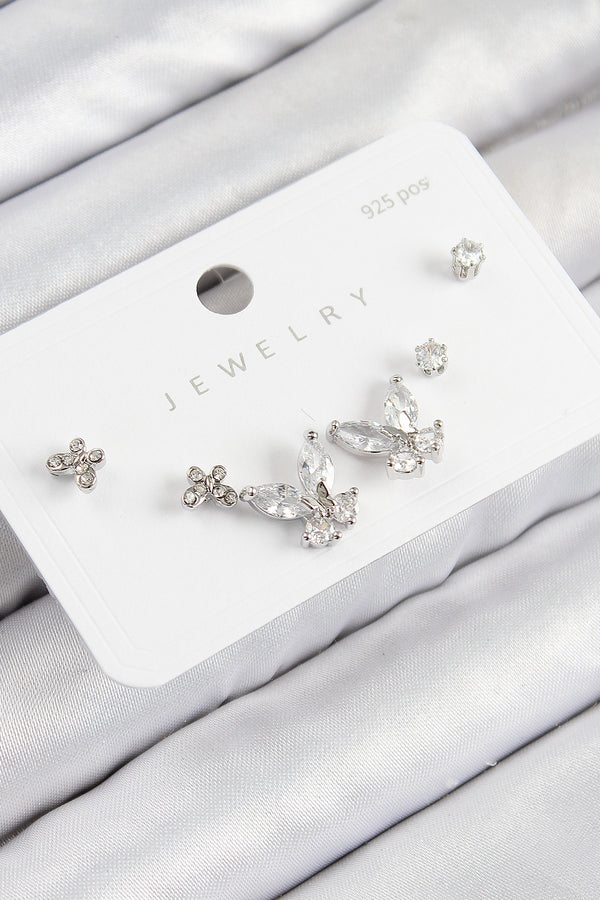 BKP11165 - Pirinç Zirkon Taşlı Kelebek Model Gümüş Renk 925 Ayar Gümüş Çivi Kadın Küpe Set