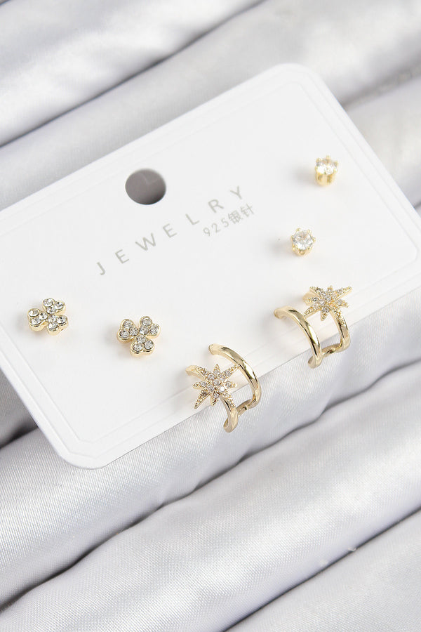 BKP11168 - Pirinç Zirkon Taşlı Kutup Yıldızı Model Gold Renk 925 Ayar Gümüş Çivi Kadın Küpe Set