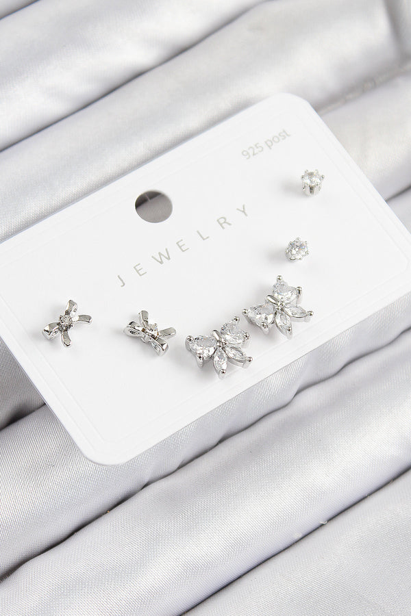 BKP11173 - Pirinç Zirkon Taşlı Fiyonk Model Gümüş Renk 925 Ayar Gümüş Çivi Kadın Küpe Set