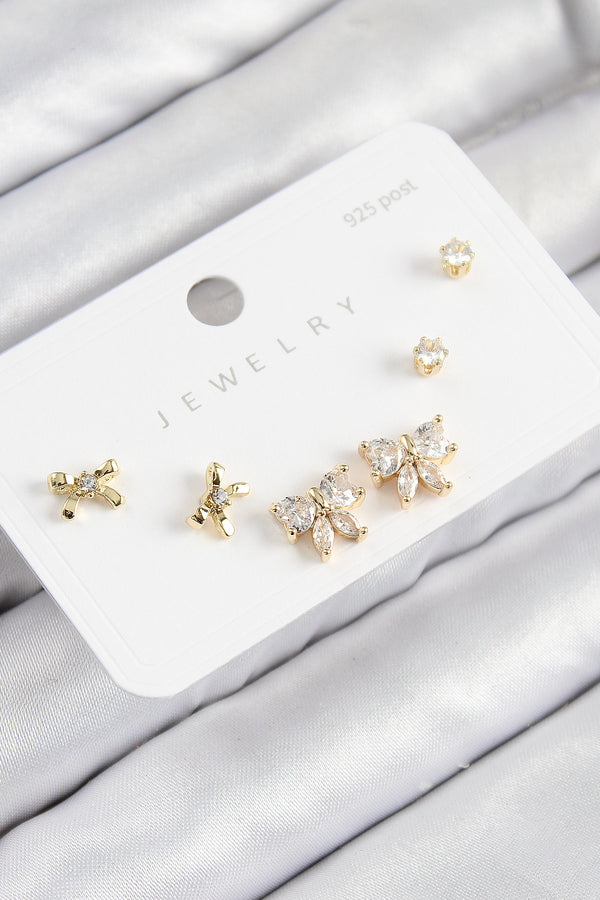 BKP11174 - Pirinç Zirkon Taşlı Fiyonk Model Gold Renk 925 Ayar Gümüş Çivi Kadın Küpe Set