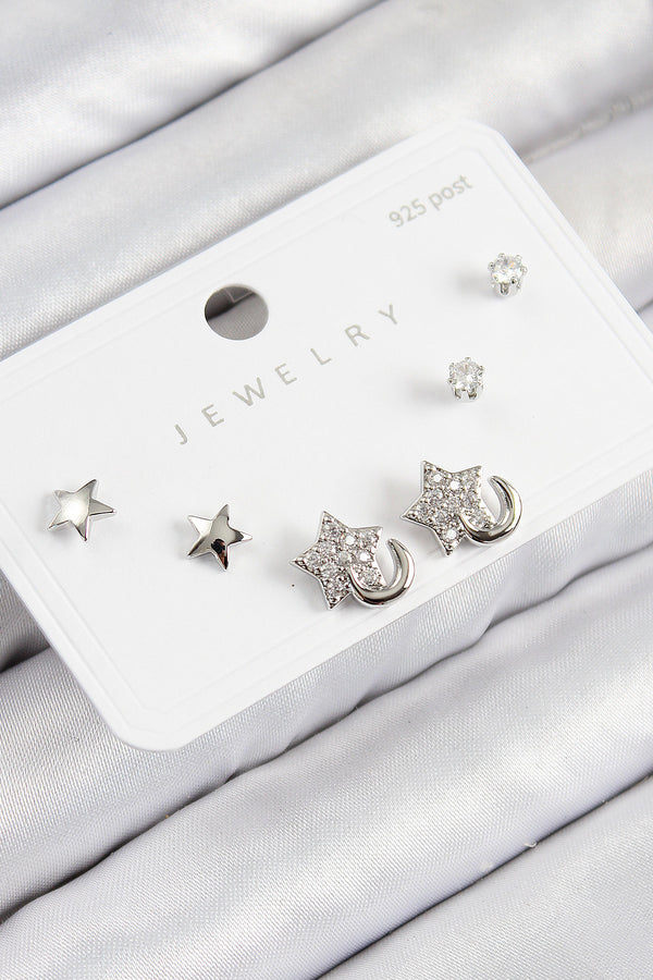 BKP11177 - Pirinç Zirkon Taşlı Yıldız Model Gümüş Renk 925 Ayar Gümüş Çivi Kadın Küpe Set