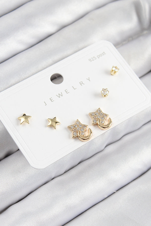 BKP11178 - Pirinç Zirkon Taşlı Yıldız Model Gold Renk 925 Ayar Gümüş Çivi Kadın Küpe Set