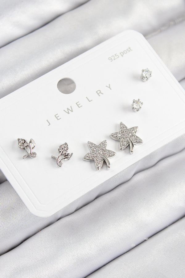 BKP11179 - Pirinç Zirkon Taşlı Yıldız Ve Gül Model Gümüş Renk 925 Ayar Gümüş Çivi Kadın Küpe Set