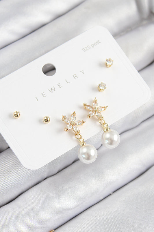 BKP11176 - Pirinç Zirkon Taşlı İnci Sallantılı Çiçek Model Gümüş Renk 925 Ayar Gümüş Çivi Kadın Küpe Set