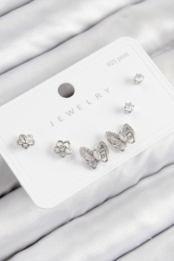 BKP11181 - Pirinç Zirkon Taşlı Kelebek Model Gümüş Renk 925 Ayar Gümüş Çivi Kadın Küpe Set