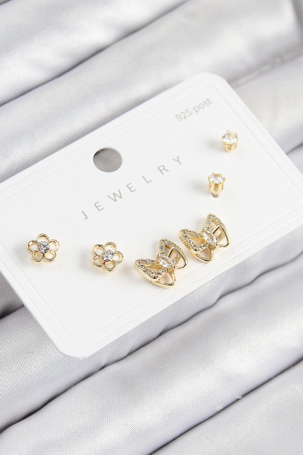 BKP11182 - Pirinç Zirkon Taşlı Kelebek Model Gold Renk 925 Ayar Gümüş Çivi Kadın Küpe Set