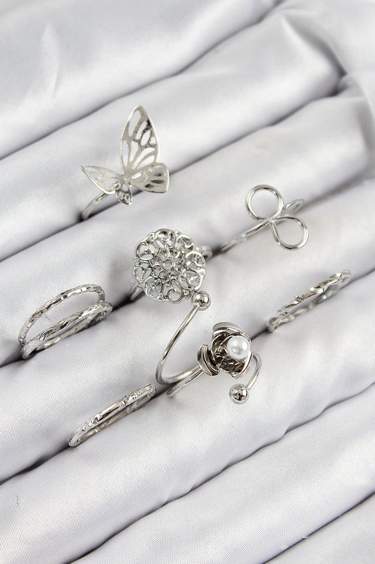 BYK3810 - Pirinç Gül Kelebek Model Gümüş Renk Kadın Yüzük Kombin Set