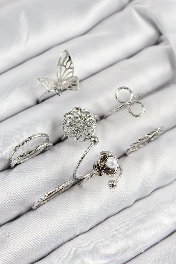 BYK3810 - Pirinç Gül Kelebek Model Gümüş Renk Kadın Yüzük Kombin Set