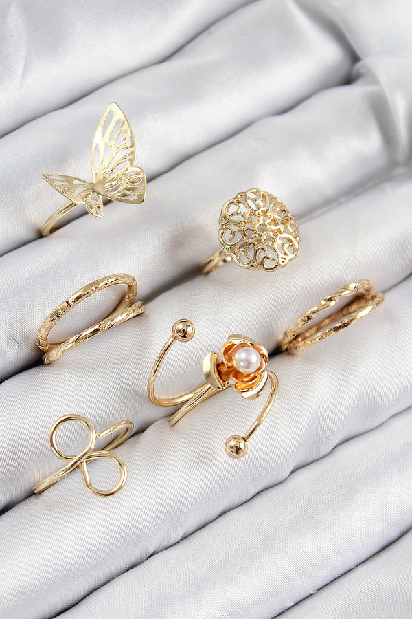 BYK3811 - Pirinç Gül Kelebek Model Gümüş Renk Kadın Yüzük Kombin Set