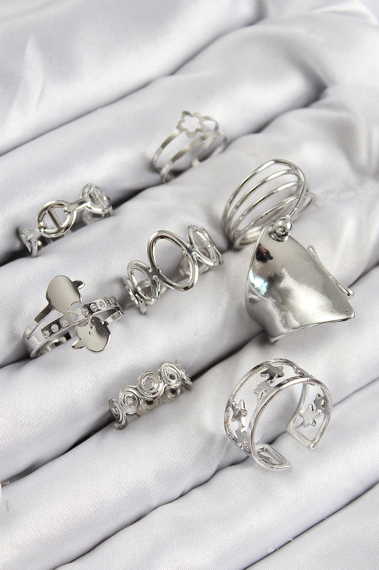 BYK3812 - Pirinç Sarmal Ve Yıldız Model Gümüş Renk Kadın Yüzük Kombin Set