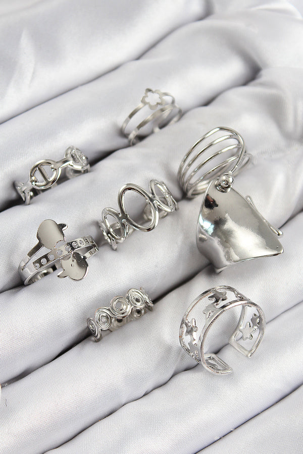 BYK3812 - Pirinç Sarmal Ve Yıldız Model Gümüş Renk Kadın Yüzük Kombin Set