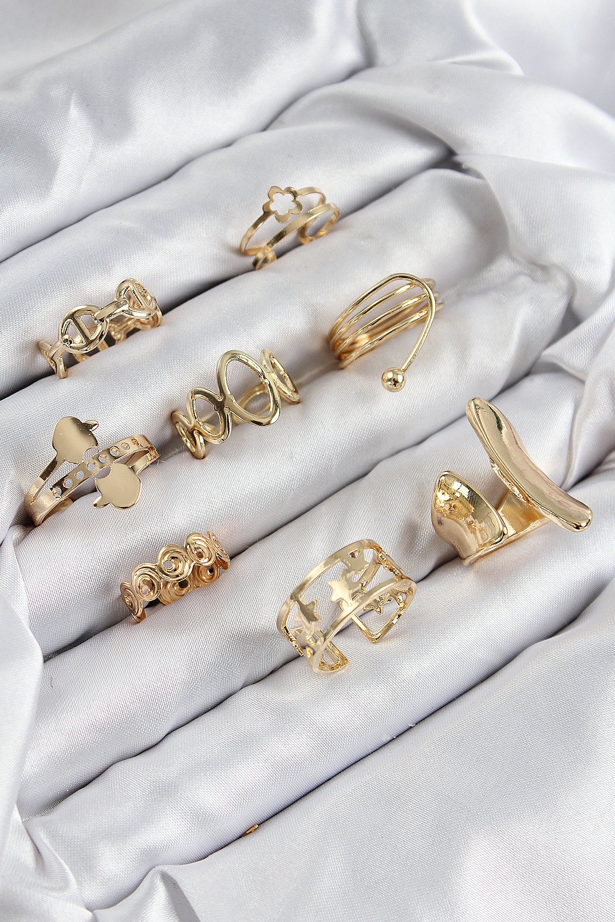 Pirinç Sarmal Ve Yıldız Model Gold Renk Kadın Yüzük Kombin Set - BYK3813