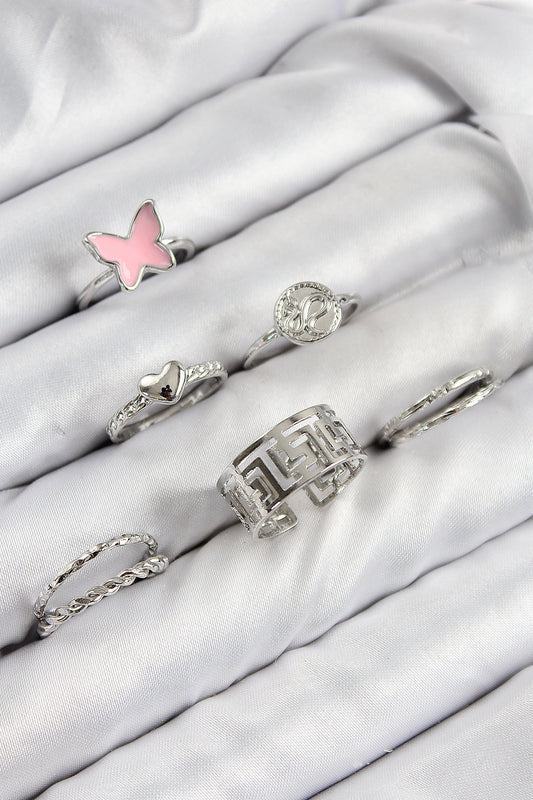 BYK3816 - Pirinç Kelebek Ve Kalp Model Gümüş Renk Kadın Yüzük Kombin Set