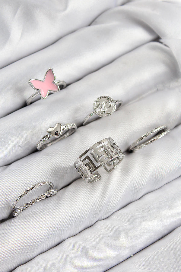 BYK3816 - Pirinç Kelebek Ve Kalp Model Gümüş Renk Kadın Yüzük Kombin Set