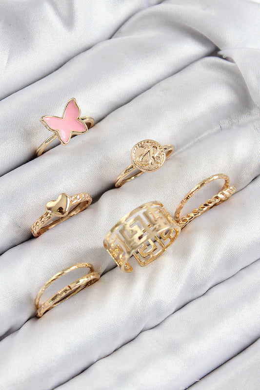 BYK3817 - Pirinç Kelebek Ve Kalp Model Gold Renk Kadın Yüzük Kombin Set