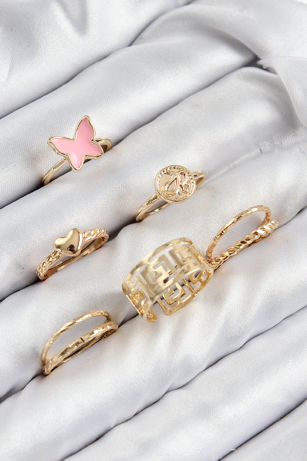 BYK3817 - Pirinç Kelebek Ve Kalp Model Gold Renk Kadın Yüzük Kombin Set