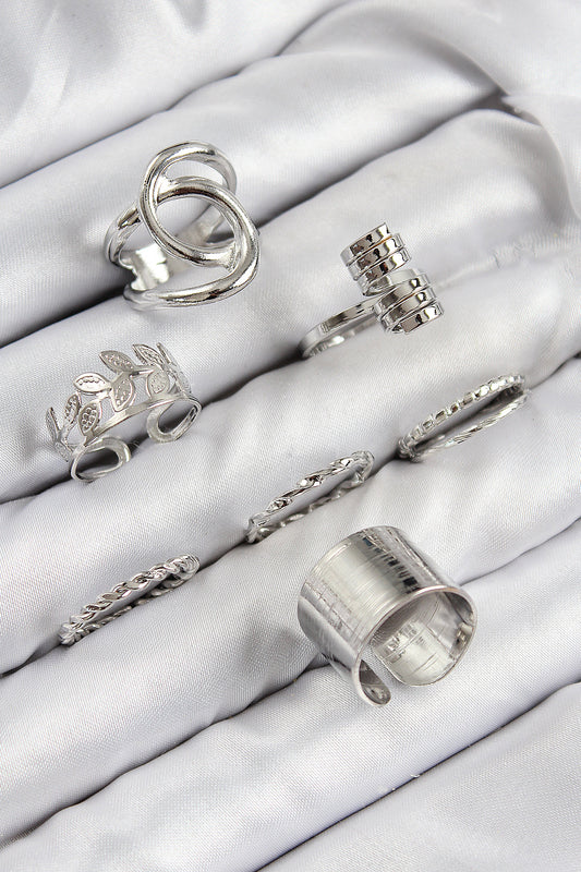 BYK3818 - Pirinç Yaprak Model Gümüş Renk Kadın Yüzük Kombin Set