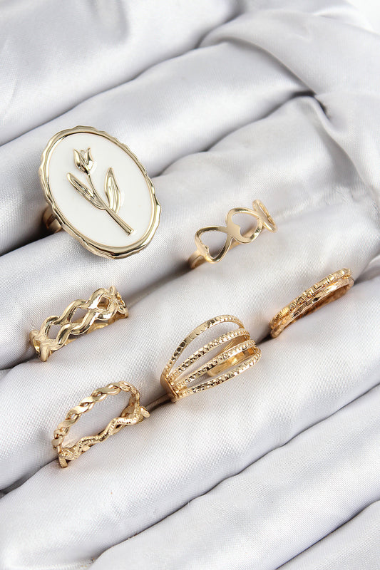 Pirinç Zirkon Taşlı Lale Model Gold Renk Kadın Yüzük Kombin Set - BYK3825