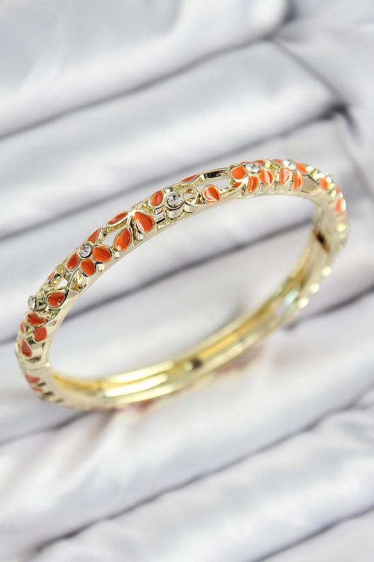 Mineli Pirinç Zirkon Taşlı Turuncu Çiçek Motifli Gold Kadın Kelepçe - BB7761