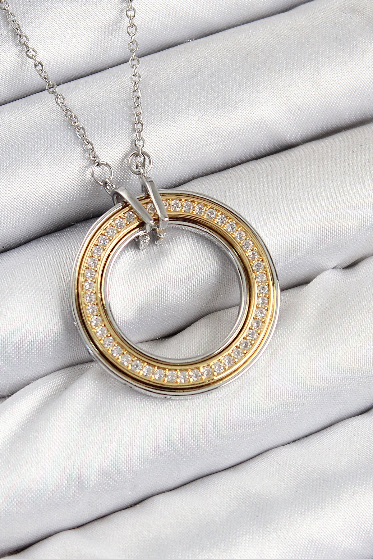 BKO10479 - 316L Çelik Zirkon Taşlı Dönen Daire Model Gold Ve Gümüş Renk Kadın Kolye