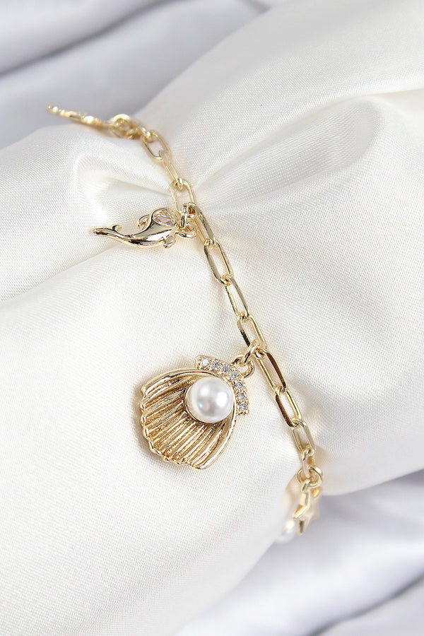 BB7774 - Pirinç Zirkon Taşlı İncili İstiridye Model Gold Renk Kadın Bileklik