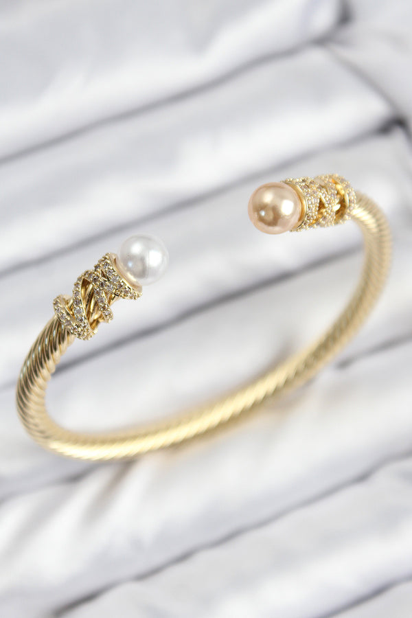 BB7779 - 316L Çelik Zirkon Taşlı İnci Model Gold Renk Kadın Bileklik