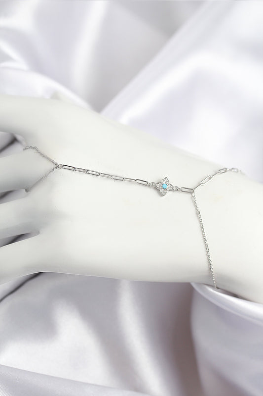 SN720 - Pirinç Zirkon Taşlı Mavi Boncuklu Yonca Model Gümüş Renk Şahmeran