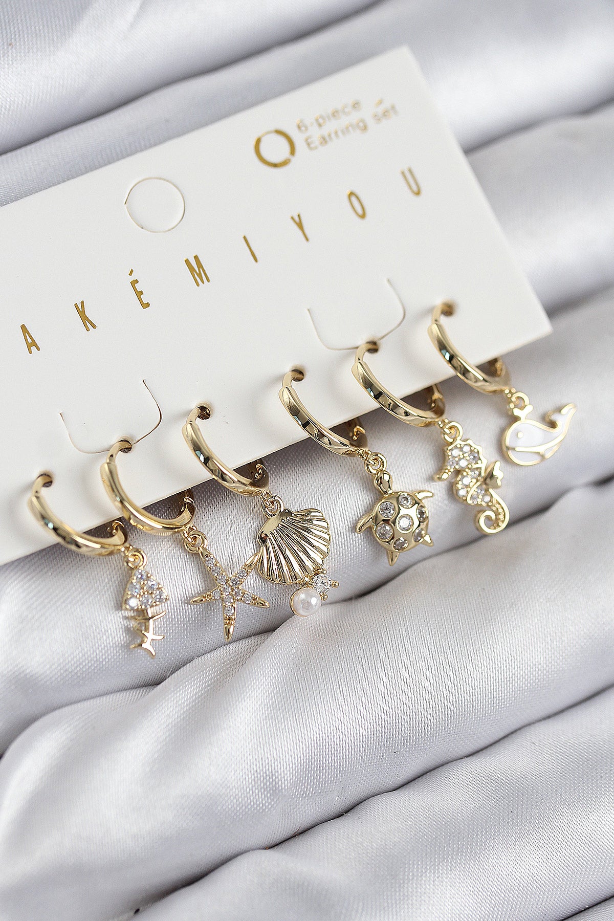 Pirinç Zirkon Taşlı İstiridye Balina Ve Yıldız Gold Renk 6'lı Küpe Set - BKP11203