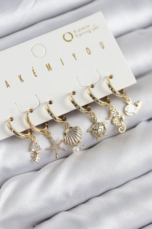 Pirinç Zirkon Taşlı İstiridye Balina Ve Yıldız Gold Renk 6'lı Küpe Set - BKP11203