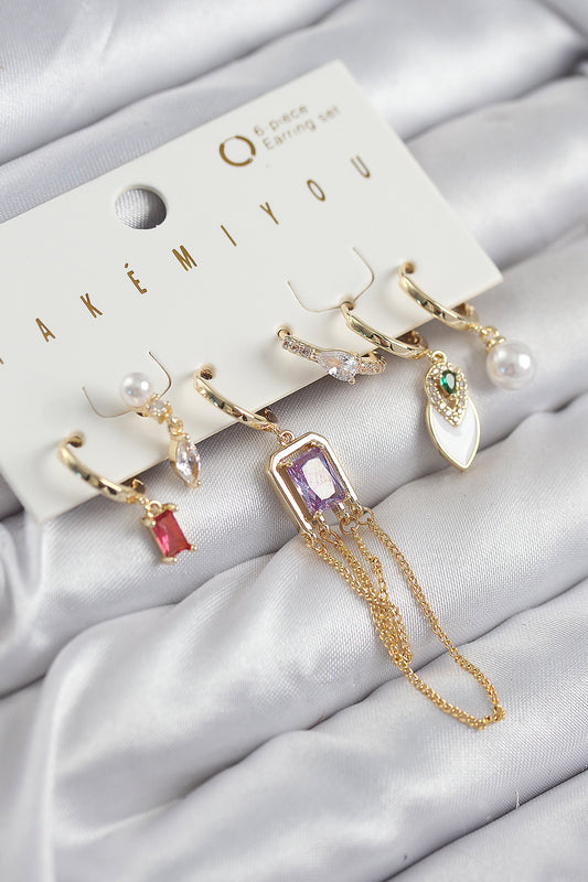 Pirinç Zirkon Taşlı Sallantılı Ve İncili Gold Renk 6'lı Küpe Set - BKP11204