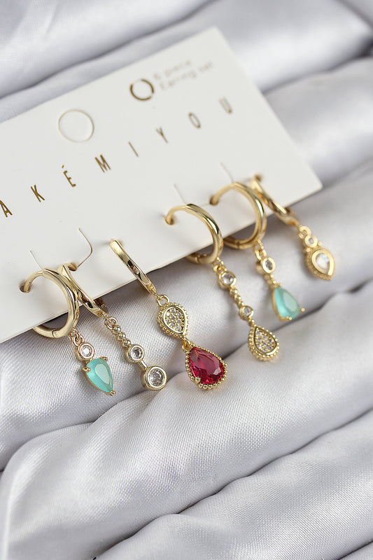 Pirinç Zirkon Taşlı Sallantılı Model Gold Renk 6'lı Küpe Set - BKP11205