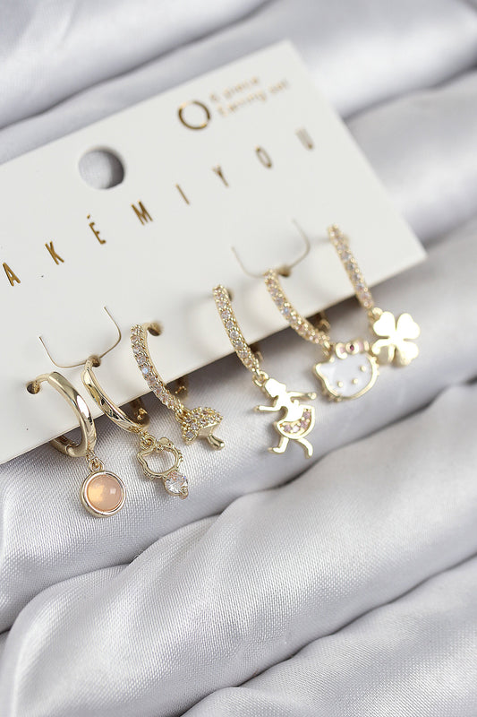 Pirinç Zirkon Taşlı Hello Kity Ve Yonca Model Gold Renk 6'lı Küpe Set - BKP11206